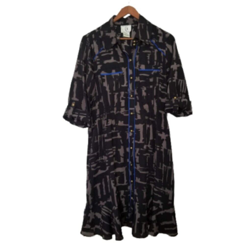iCE Black Gray & Royal Blue Long Sleeve Button Down Dress - Size 12